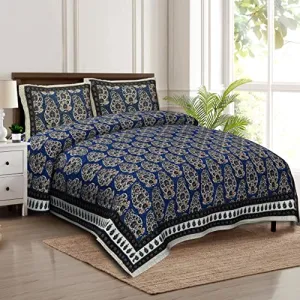 100% Cotton Bedsheet for Double Bed with 2 Matching Pillow Covers | 240 Thread Count 90x108 Inch Flat BedSheet | (Print-8-Bedsheet-Blue)