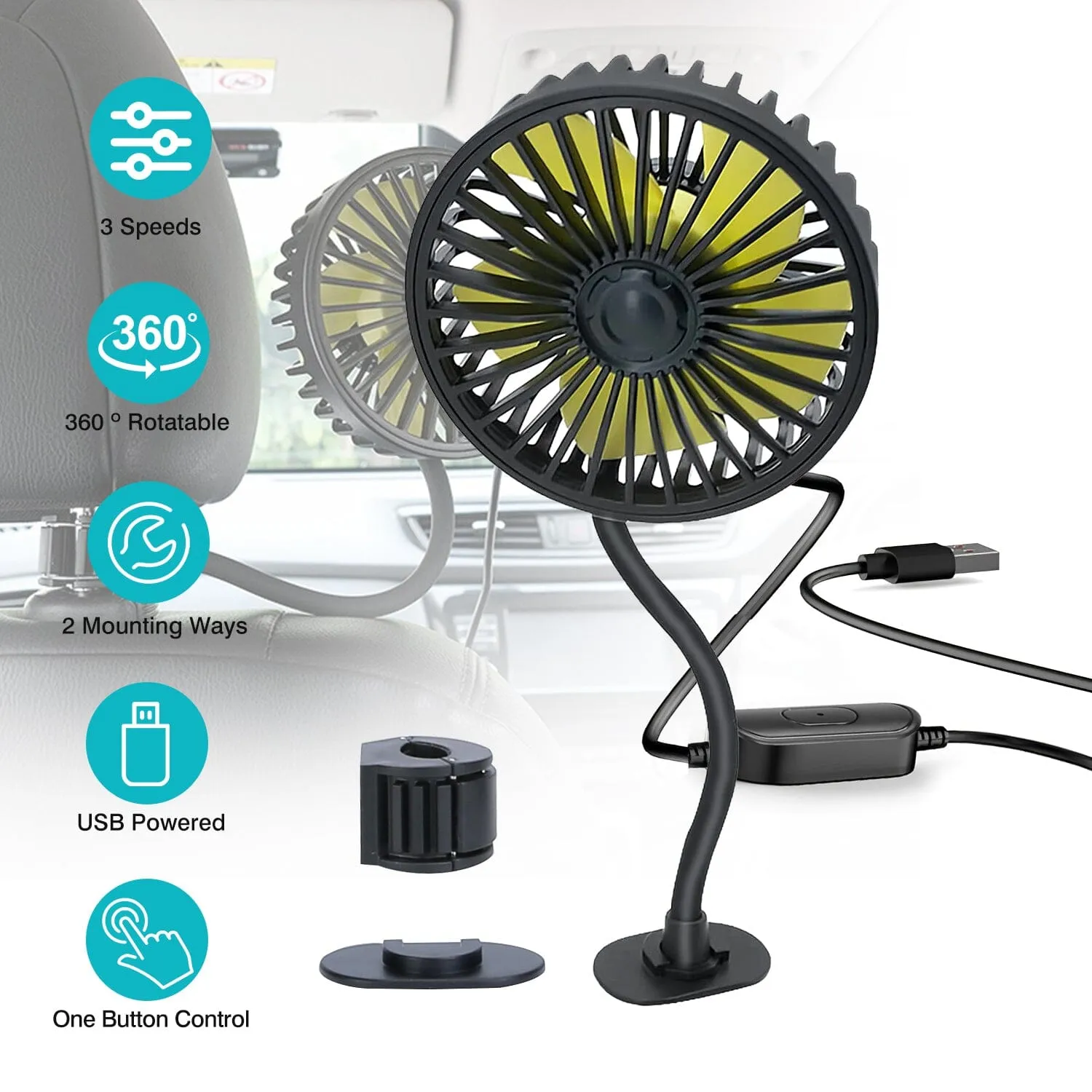 360 º Rotatable Car Cooling Fan with 3 Speeds