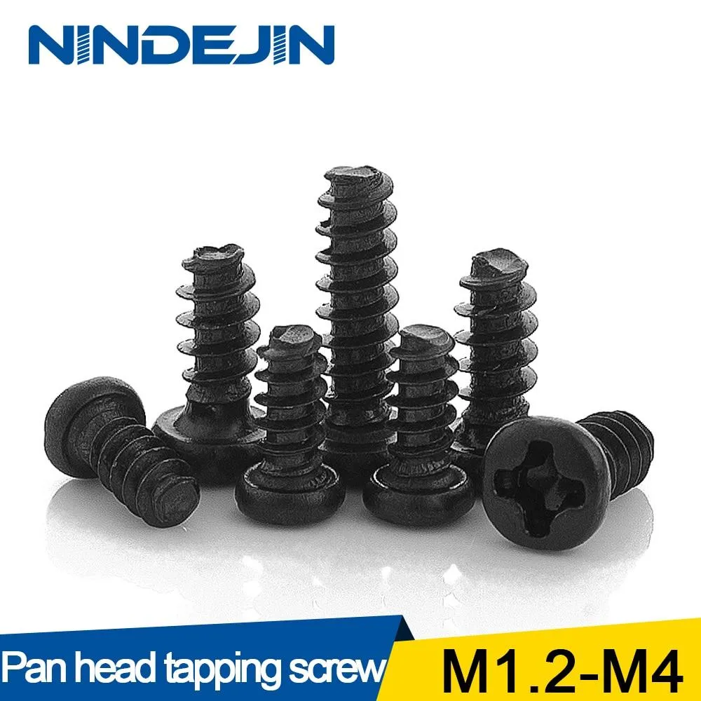 50pcs Cross Recessed Pan Head Flat Tail Self-tapping Screw M1.2 M1.4 M1.7 M2 M2.3 M2.6 M3 M4 Black Carbon Steel Phillips Screw