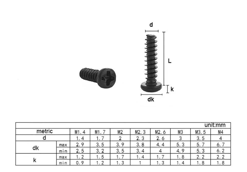 50pcs Cross Recessed Pan Head Flat Tail Self-tapping Screw M1.2 M1.4 M1.7 M2 M2.3 M2.6 M3 M4 Black Carbon Steel Phillips Screw