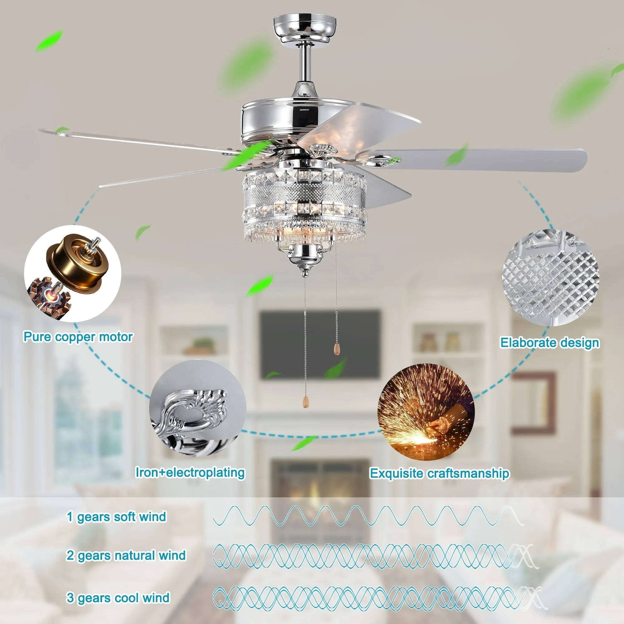 52'' Classical Crystal Ceiling Fan Lamp  5 Reversible Blades, Chrome (Hand Pull Chain)