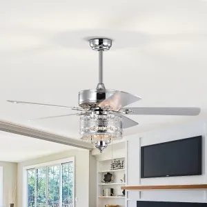 52'' Classical Crystal Ceiling Fan Lamp  5 Reversible Blades, Chrome (Hand Pull Chain)