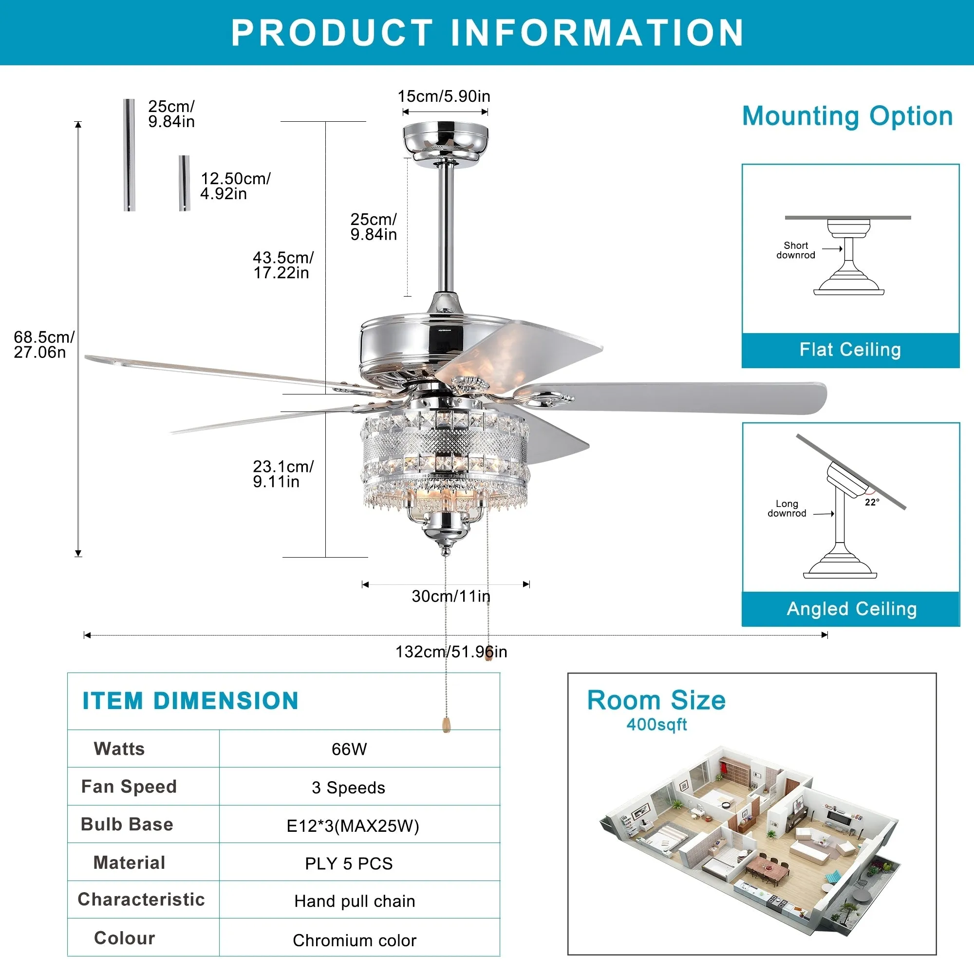 52'' Classical Crystal Ceiling Fan Lamp  5 Reversible Blades, Chrome (Hand Pull Chain)