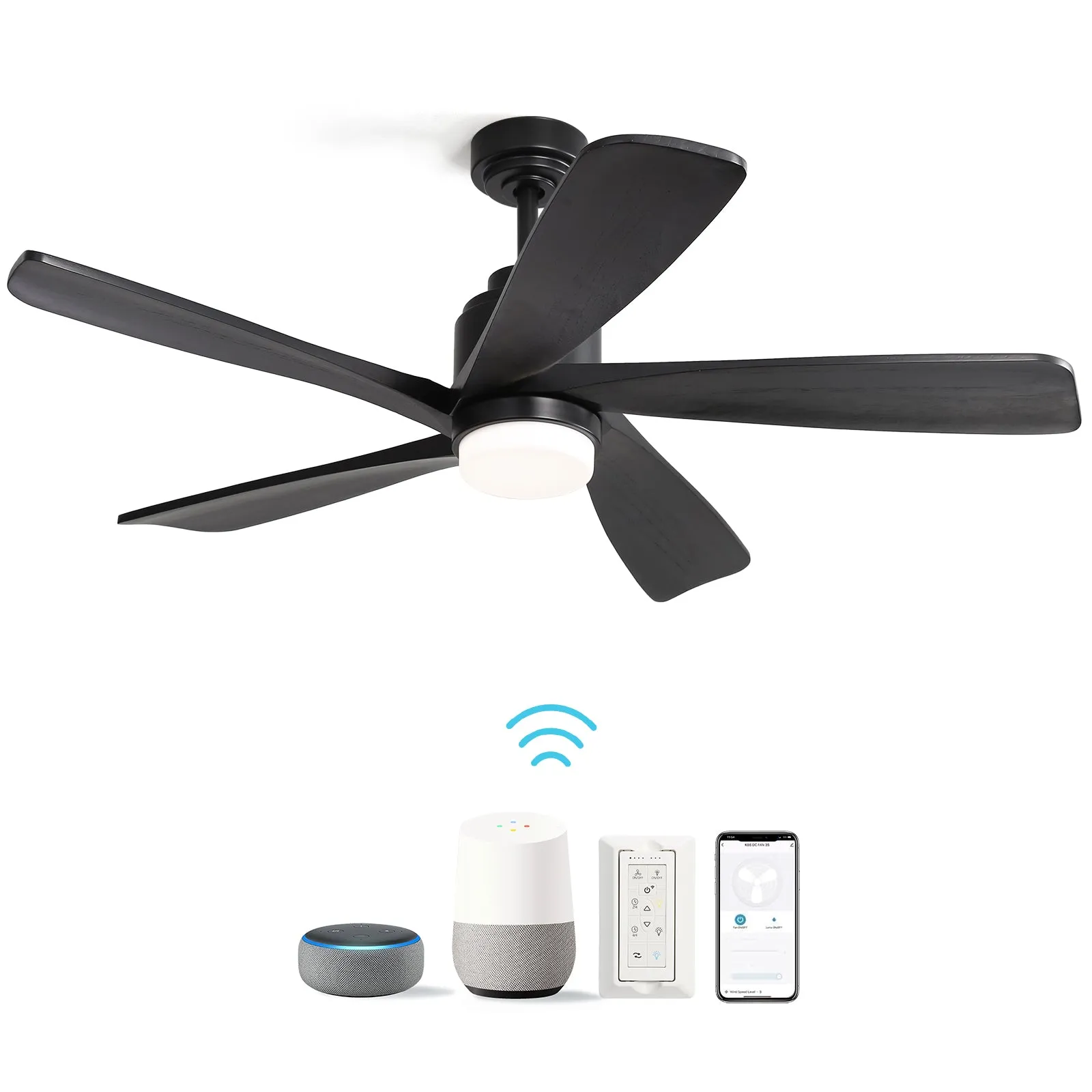 52 Inch Ceiling Fan With Dimmable LED Light 5 Solid Wood Blades Smart Remote Control Reversible DC Motor Ceiling Fan Black for Home