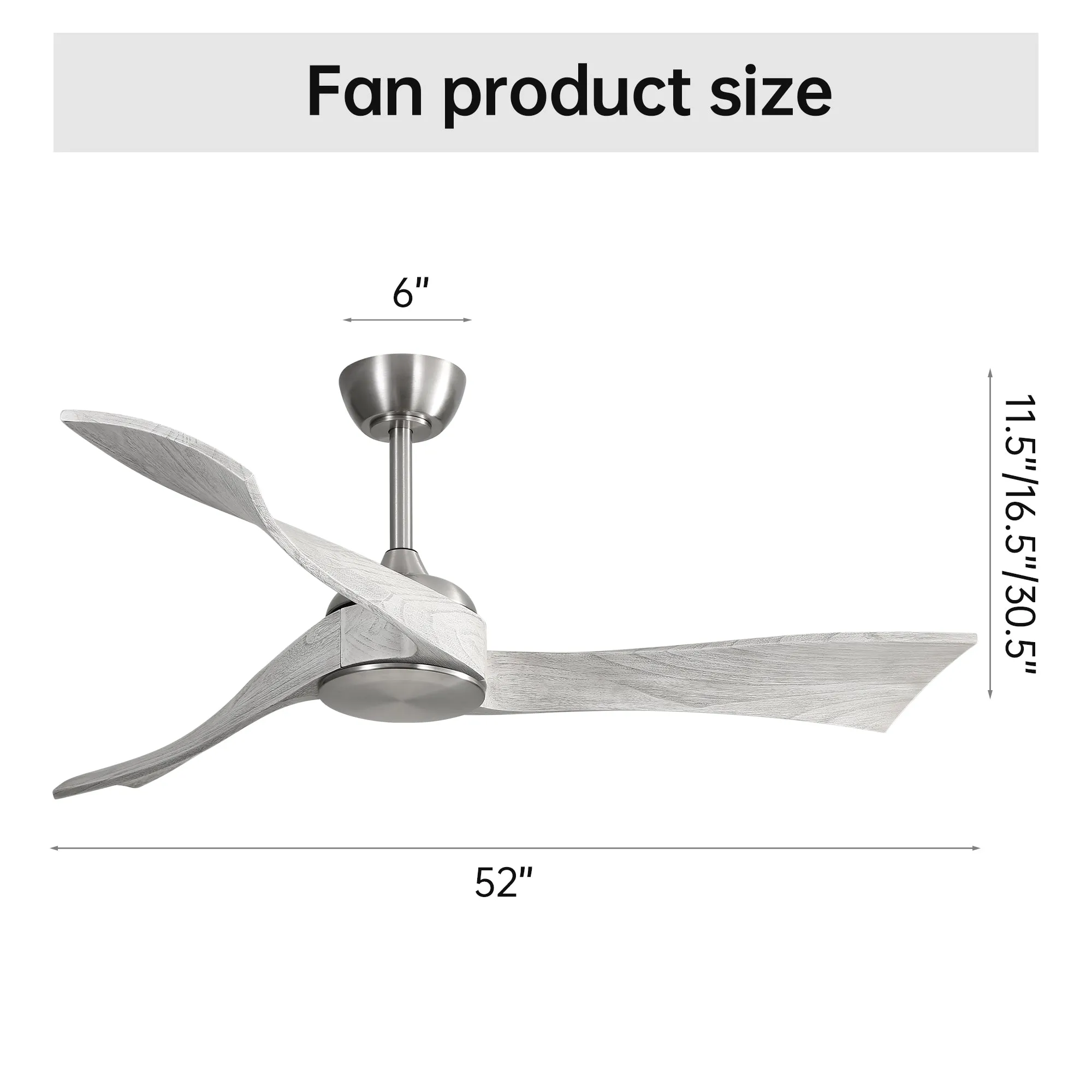 52 Inch Ceiling Fan Without Light 6 Wind Speed Timing Function 3 Solid Wood Blade Reversible DC Motor