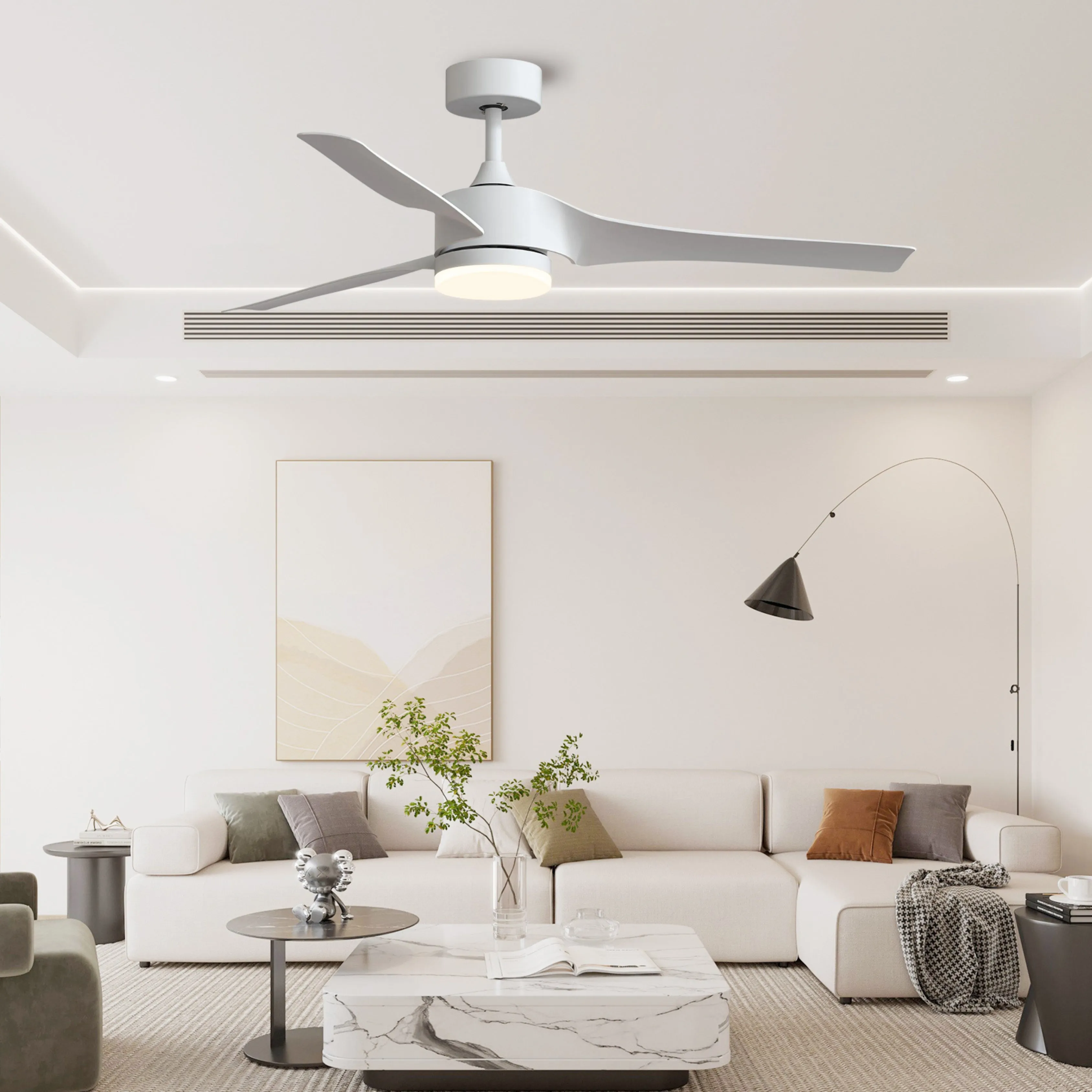 52 Inch Downrod Ceiling Fans with Lights and Remote Control, Modern Outdoor Indoor White 3 Blades LED Lights Smart Ceiling Fans for Bedroom, Living Room, and Patios