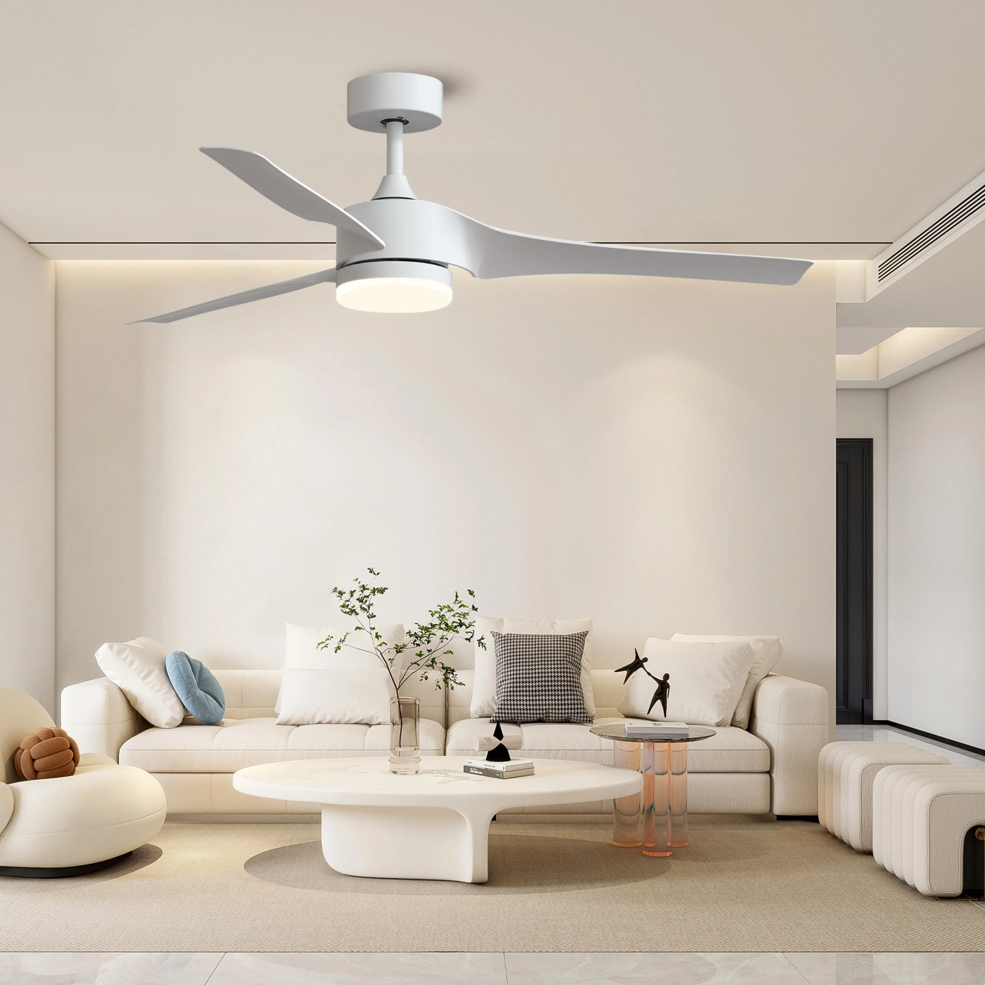 52 Inch Downrod Ceiling Fans with Lights and Remote Control, Modern Outdoor Indoor White 3 Blades LED Lights Smart Ceiling Fans for Bedroom, Living Room, and Patios