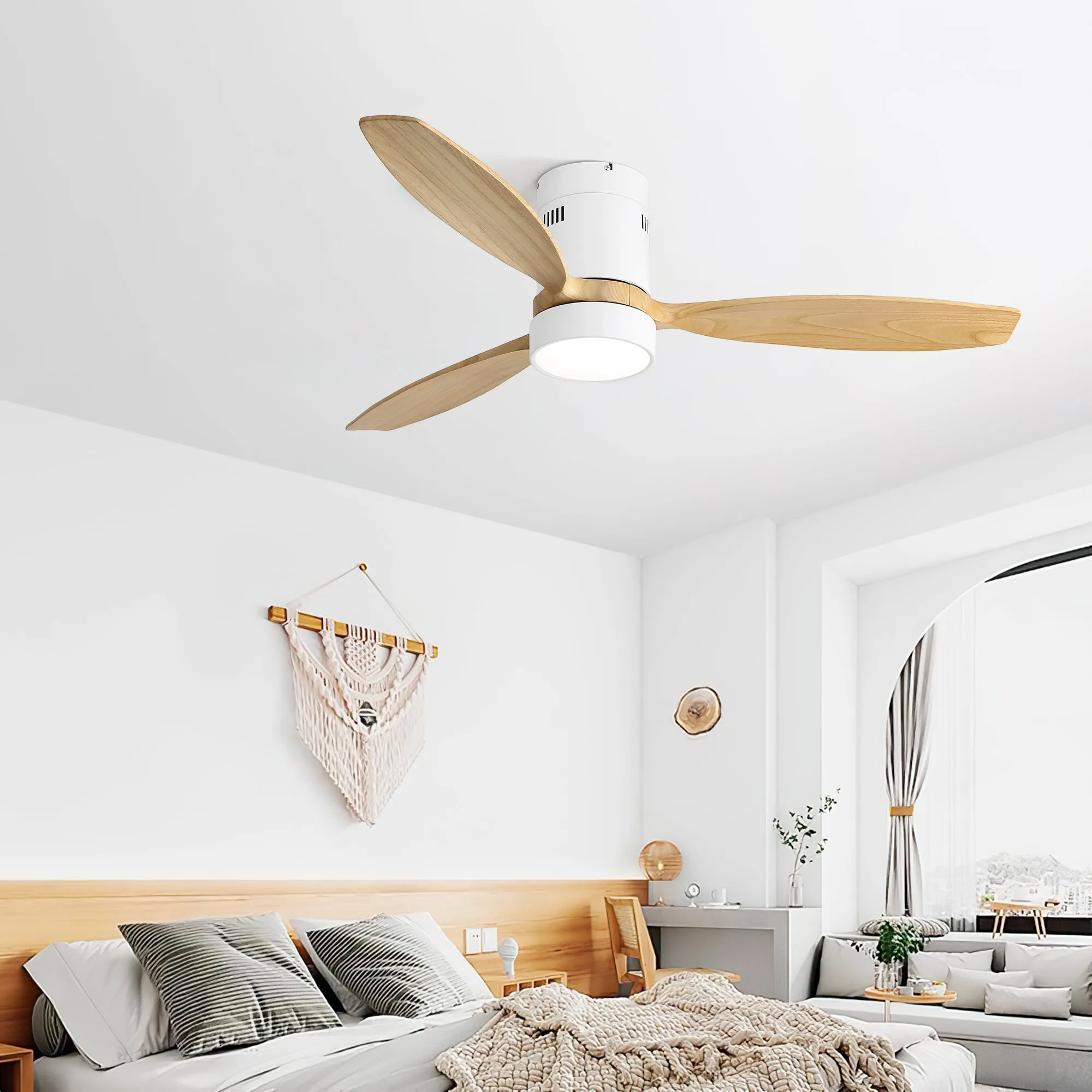 52 Inch Flush Mount Ceiling Fan DC 3 Solid Wood Fan Blade Noiseless Reversible Motor Remote Control With Light