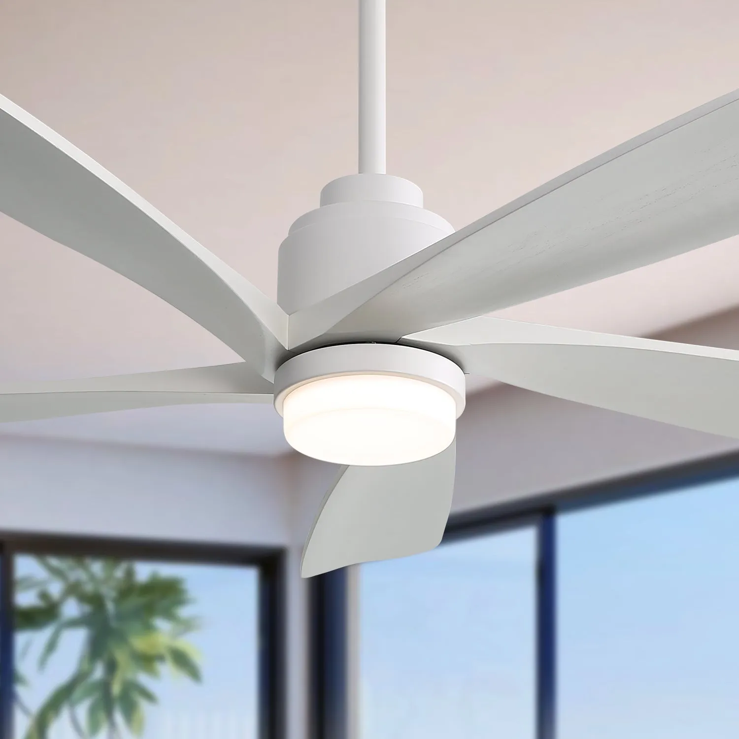 52 Inch Modern Ceiling Fan With Dimmable LED Light 5 Solid Wood Blades Smart Remote Control Reversible DC Motor