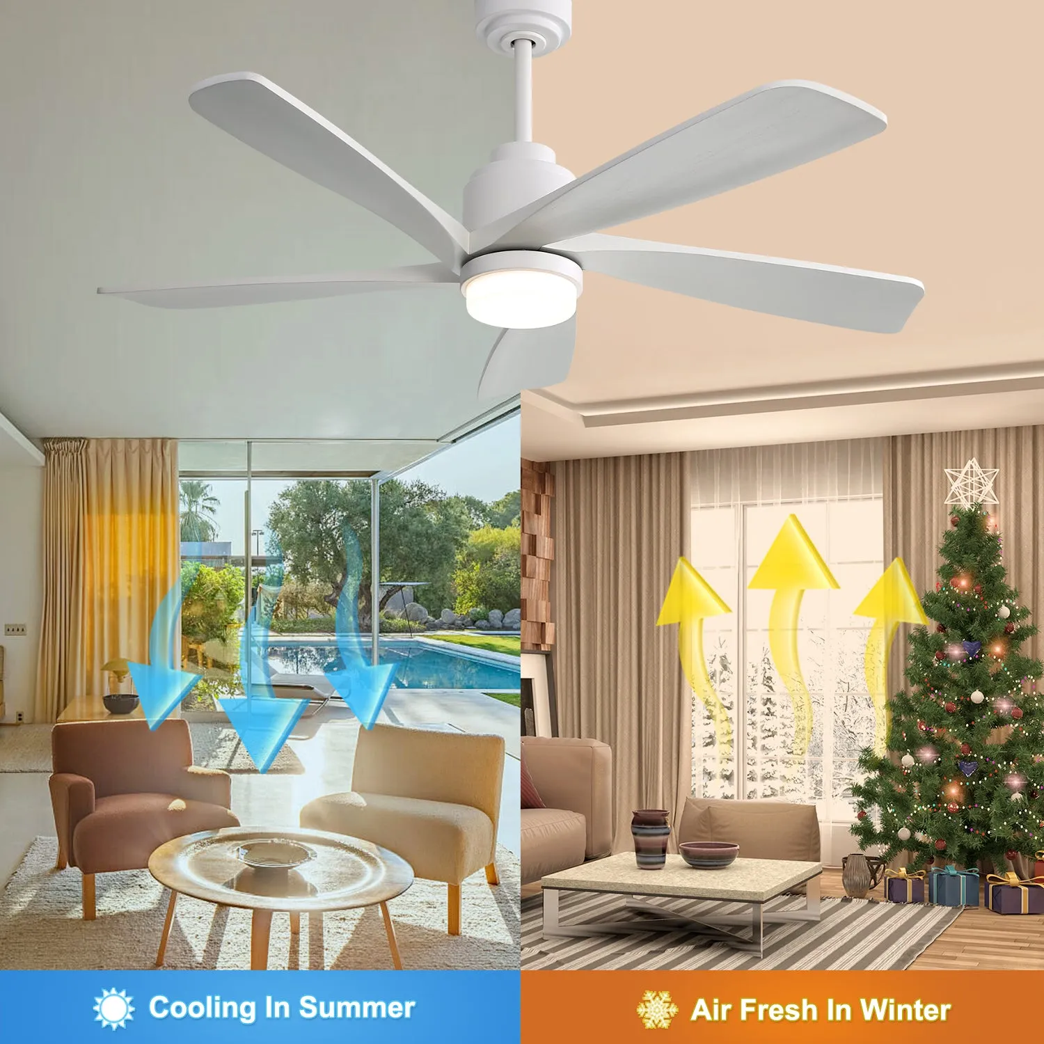 52 Inch Modern Ceiling Fan With Dimmable LED Light 5 Solid Wood Blades Smart Remote Control Reversible DC Motor