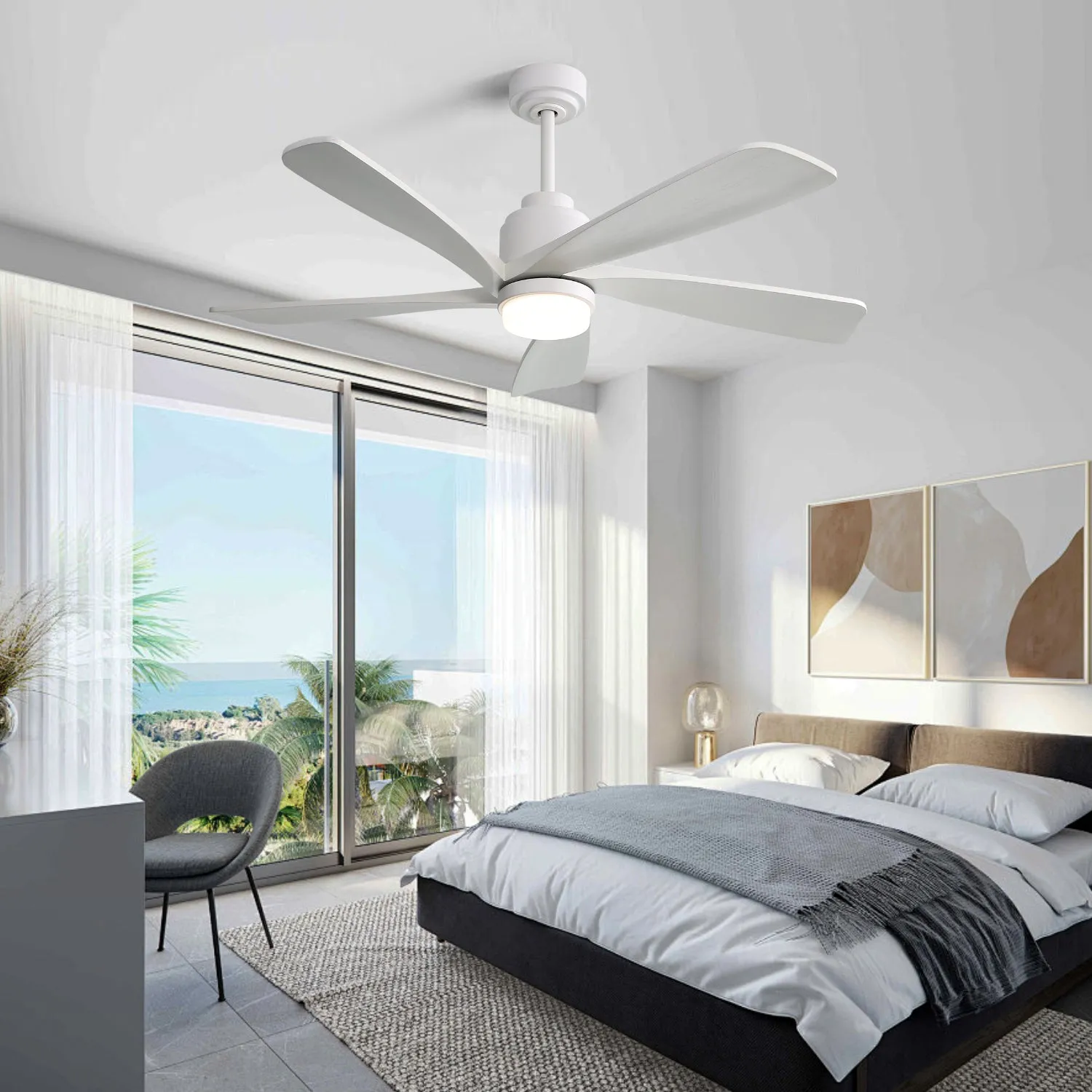 52 Inch Modern Ceiling Fan With Dimmable LED Light 5 Solid Wood Blades Smart Remote Control Reversible DC Motor