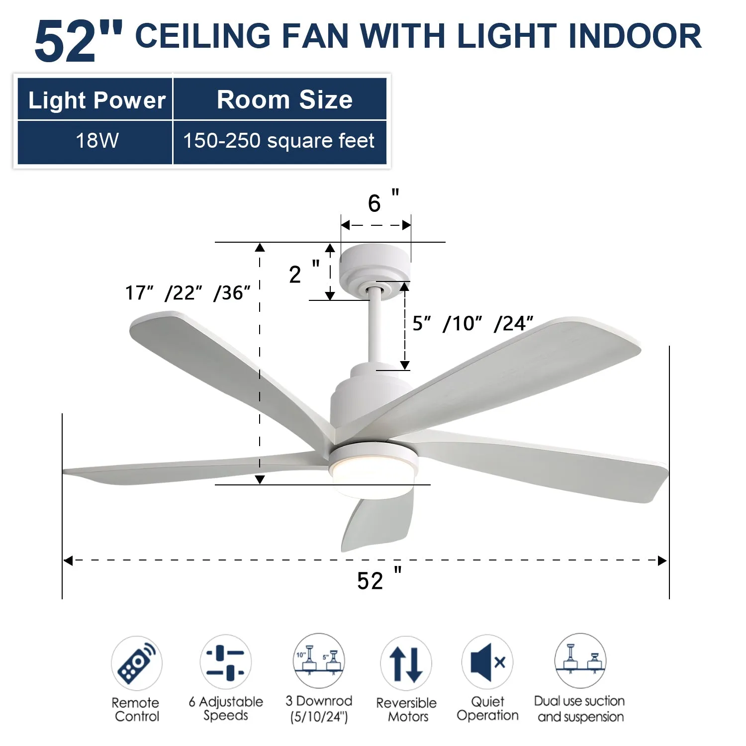 52 Inch Modern Ceiling Fan With Dimmable LED Light 5 Solid Wood Blades Smart Remote Control Reversible DC Motor