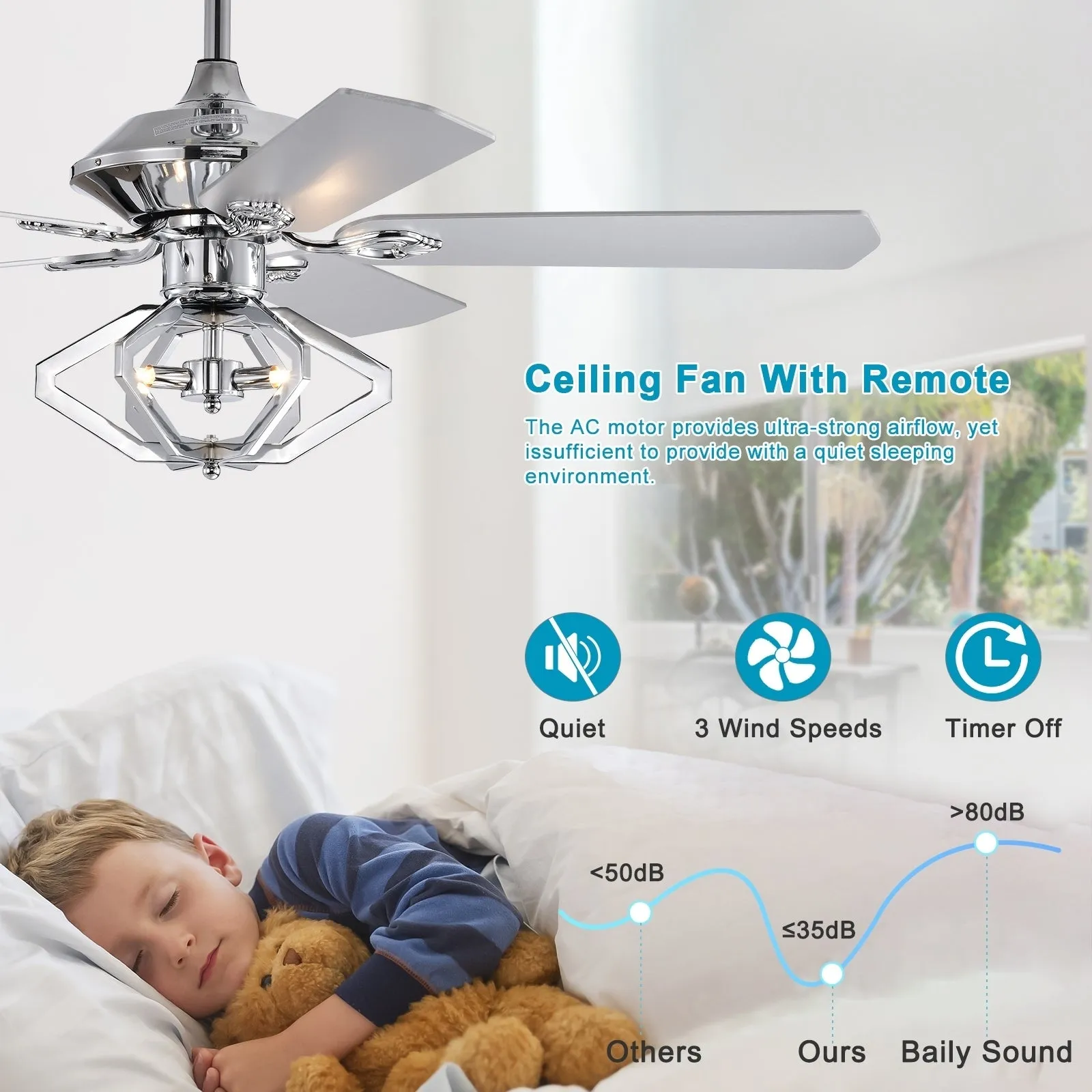 52" Dual Wood 5-Blade Crystal Ceiling Fan with Remote