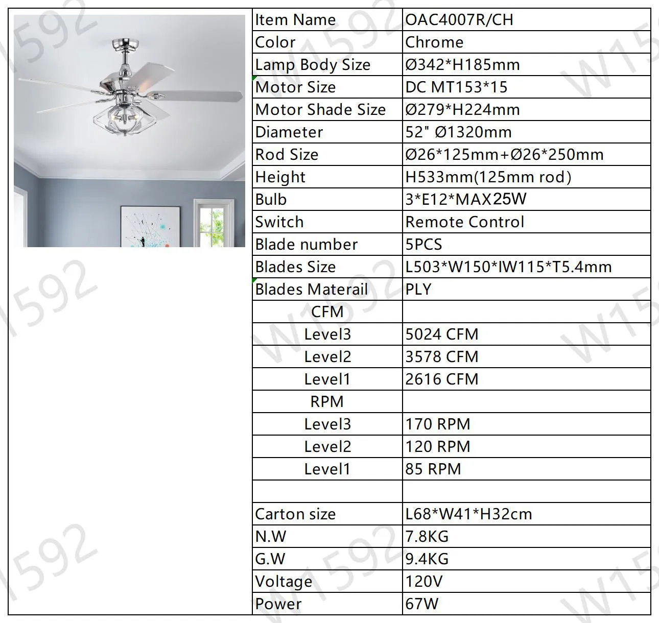 52" Dual Wood 5-Blade Crystal Ceiling Fan with Remote