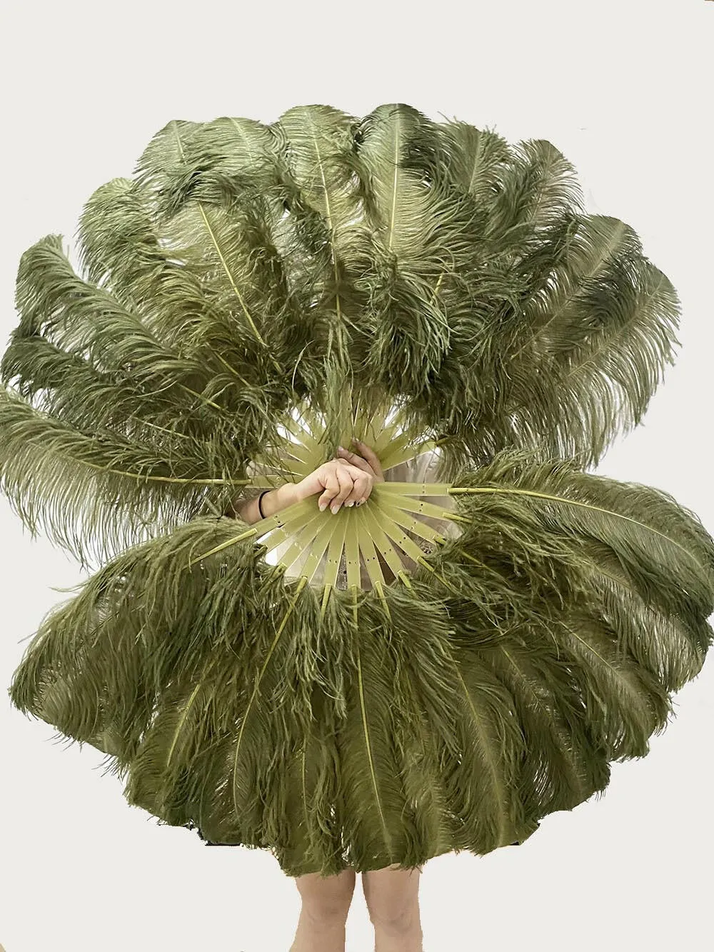 A pair Olive green Single layer Feather fan 24"x 41"