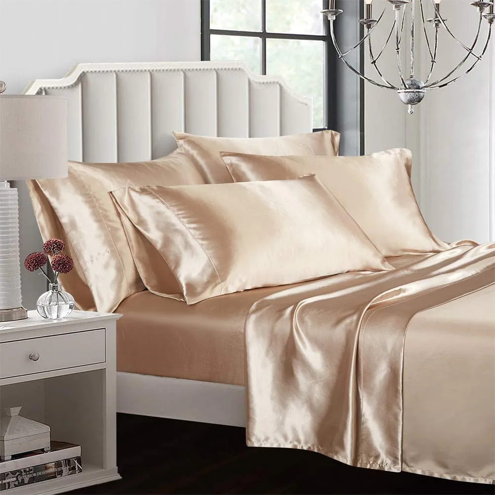 AiMay 6 Piece Bed Sheet Set Deep Pocket Luxury Rich Silk Satin Silky Super Soft Solid Color Hypoallergenic Reversible Stain-Resistant Wrinkle Free (King, Khaki)