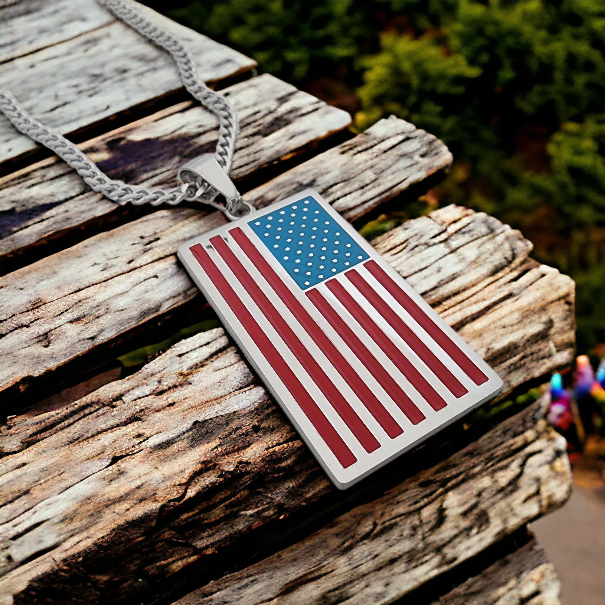 American Flag Tag Stainless Steel Curb Chain Necklace