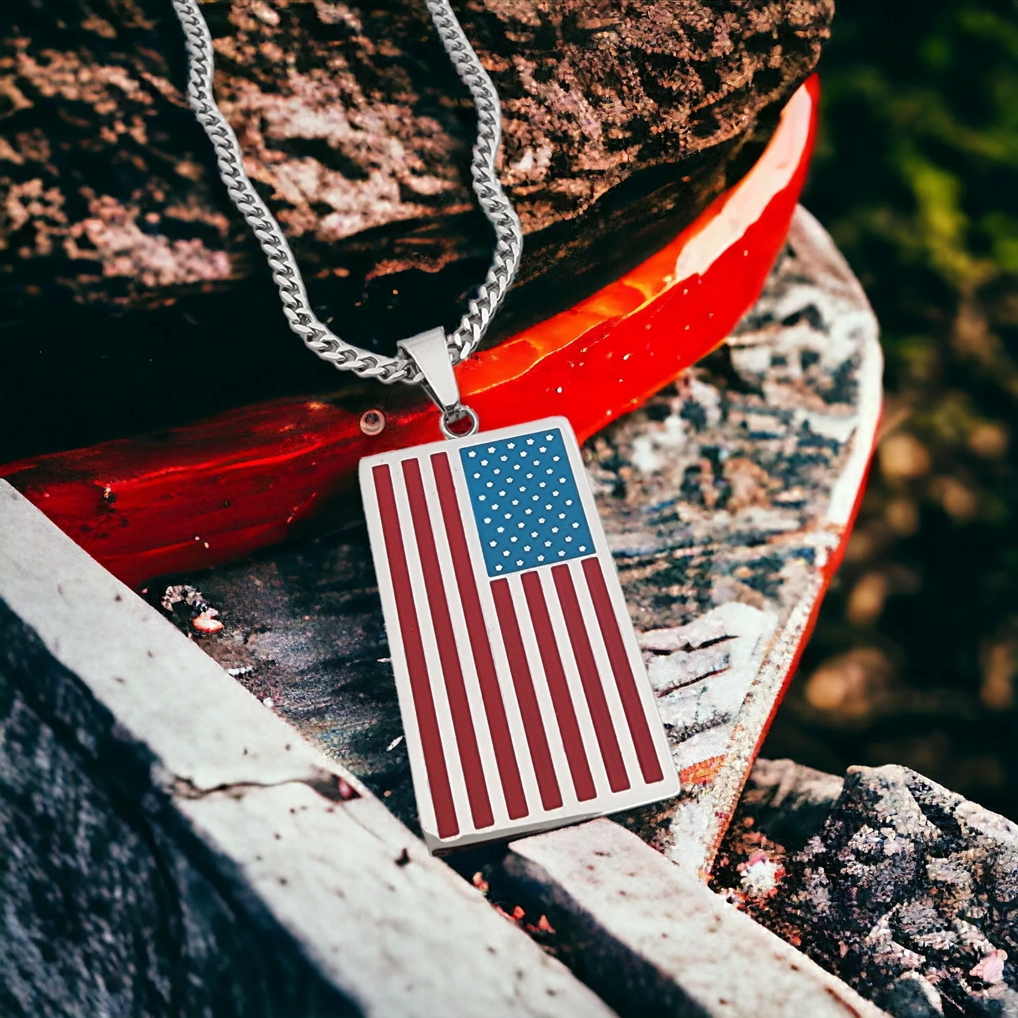 American Flag Tag Stainless Steel Curb Chain Necklace