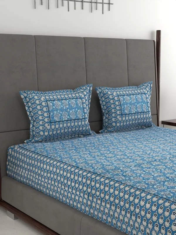 Anadhika Cotton 340 TC Printed King Size Flat Bedsheet with 2 Pillow Covers Bedsheet for Double Bed Bedroom (Water Blue)