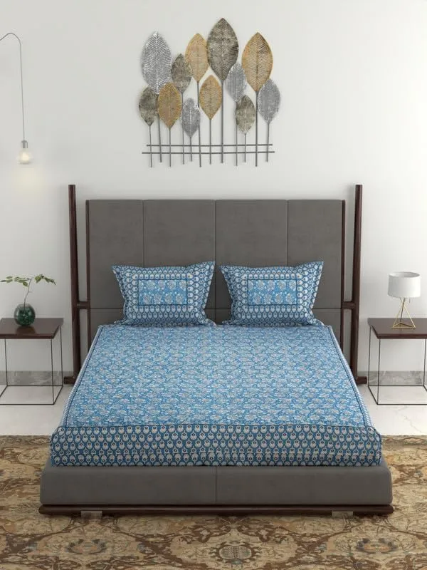 Anadhika Cotton 340 TC Printed King Size Flat Bedsheet with 2 Pillow Covers Bedsheet for Double Bed Bedroom (Water Blue)