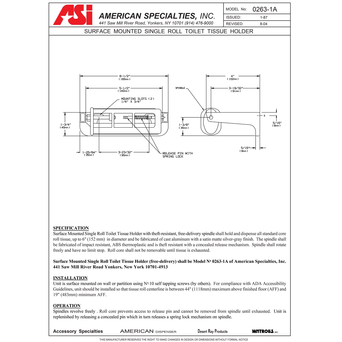 ASI 0263-1A Commercial Toilet Paper Dispenser, Surface-Mounted, Aluminum w/ Satin Finish