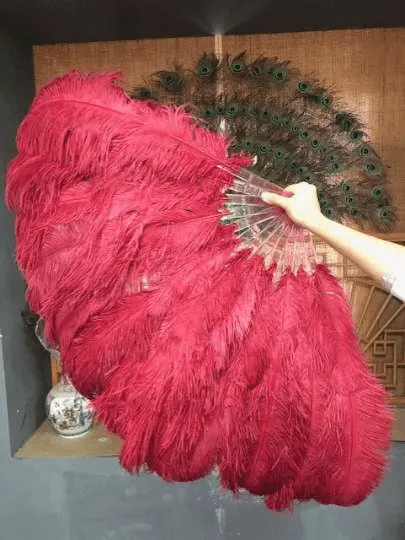 Burgundy intermediate 2 layers Ostrich Feather Fan 30"x 54"