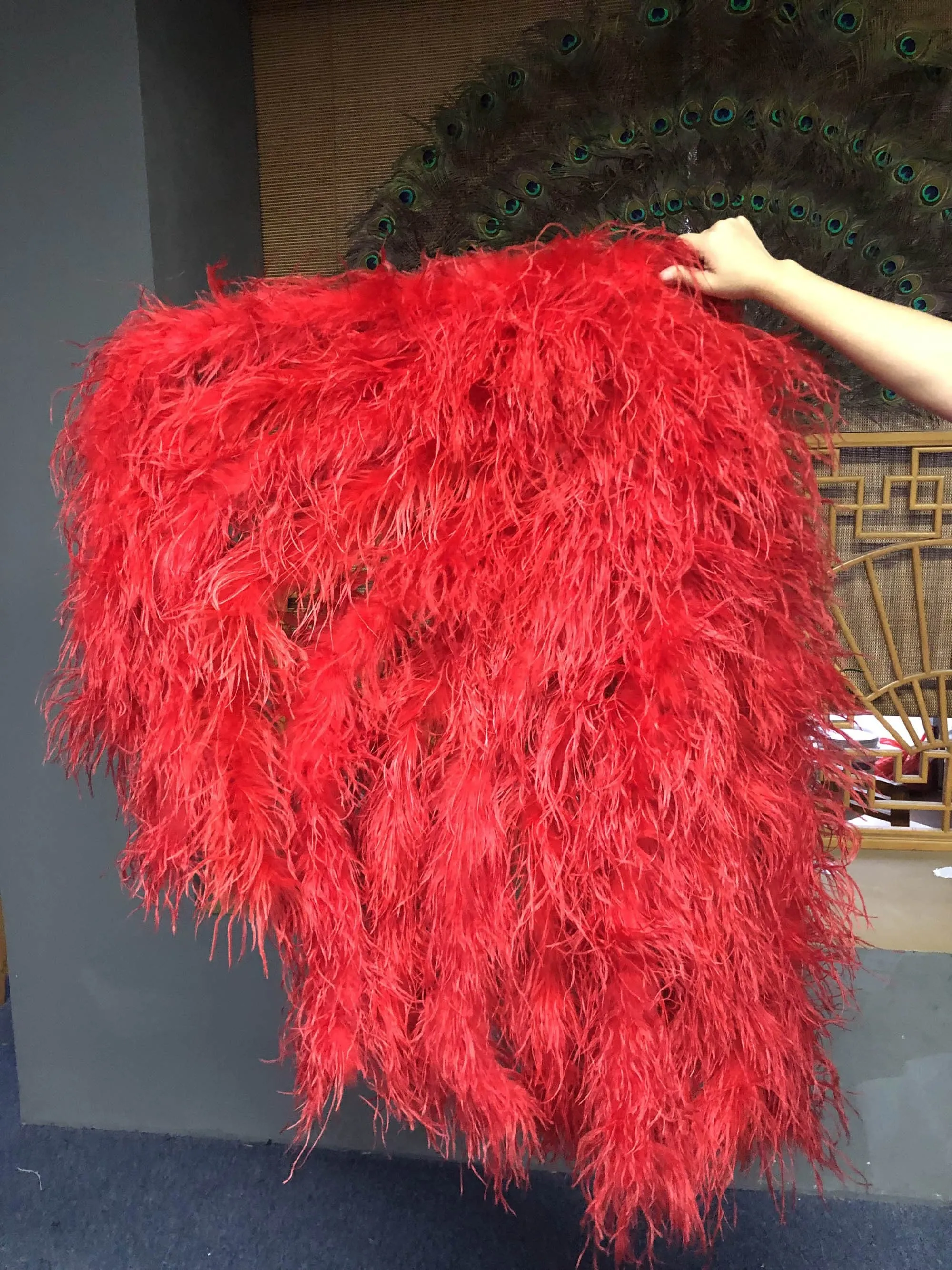 Burlesque Fluffy Red Waterfall Fan Ostrich Feathers Boa Fan 42"x 78"