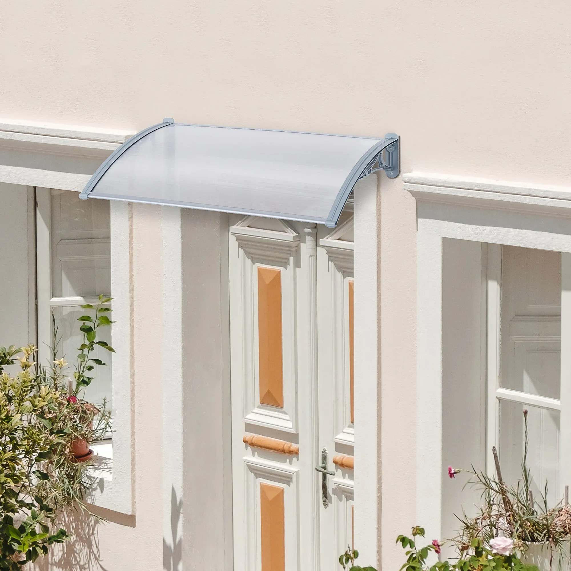 Door/Window Awning, Polycarbonate, 140Wx70L cm-Transparent/Silver