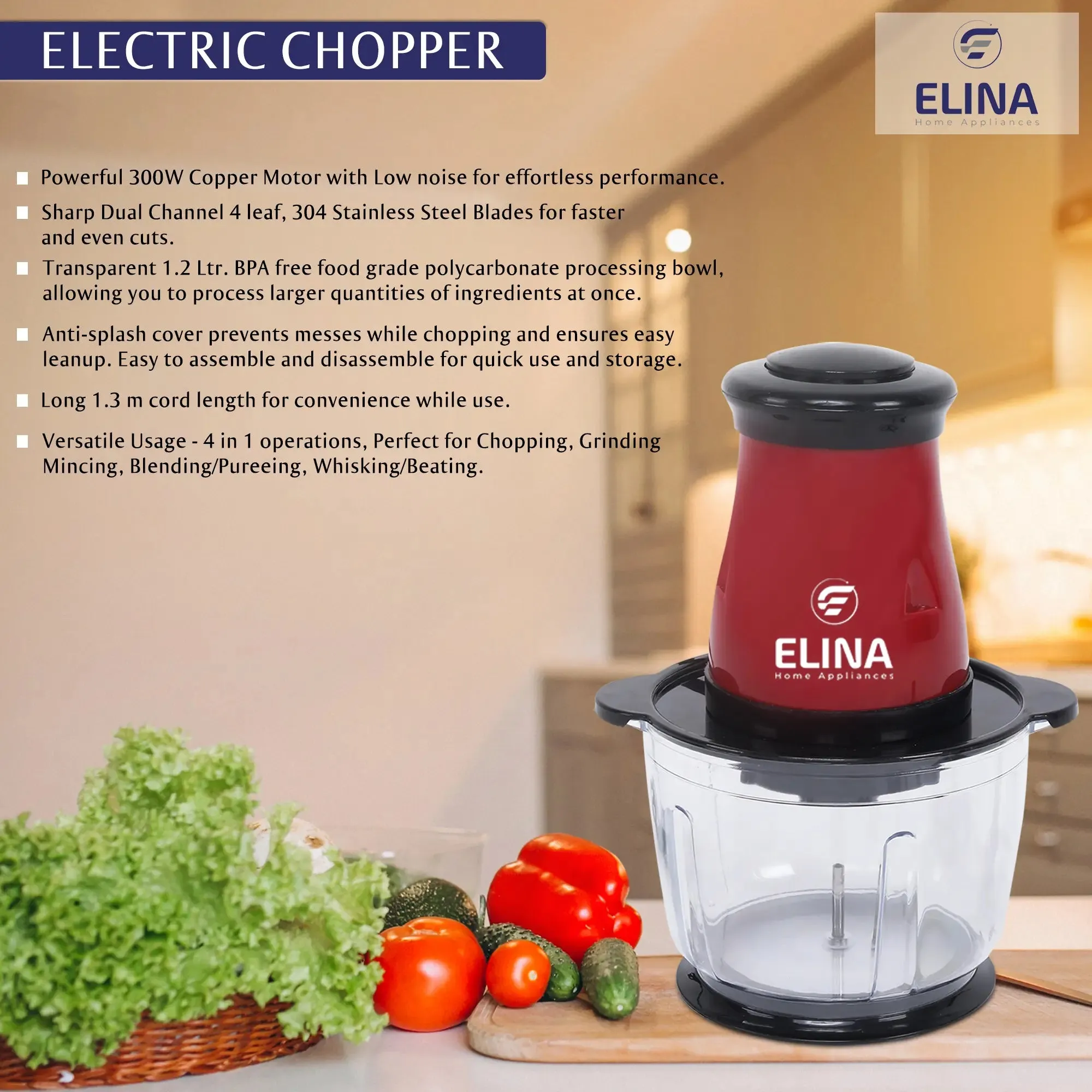 Elina 300 watt Copper Motor Electric Chopper with 1.2 Ltr. Transparent Bowl