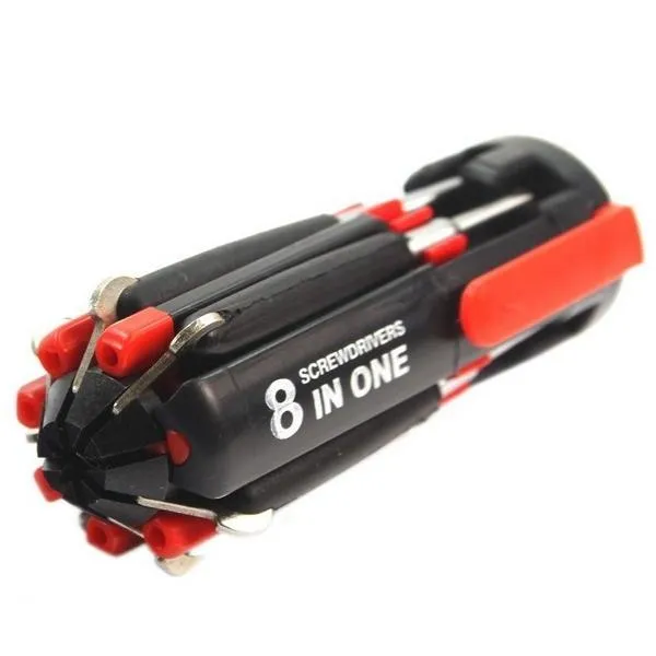 Foldable 8 in 1 Screwdriver Kit with 6 LED Light Torch (Red and Black)