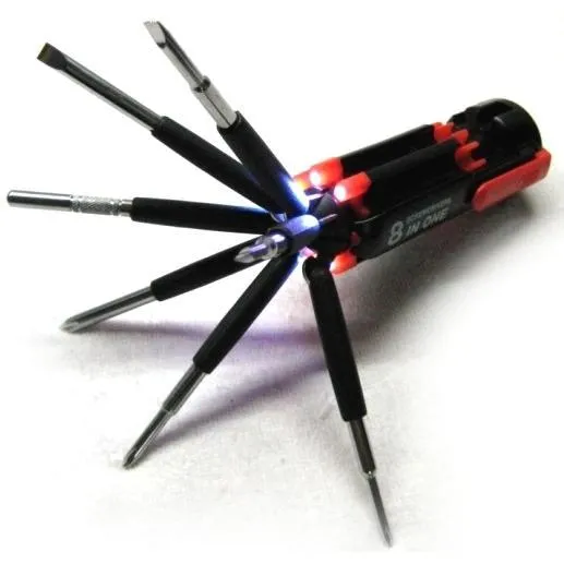 Foldable 8 in 1 Screwdriver Kit with 6 LED Light Torch (Red and Black)