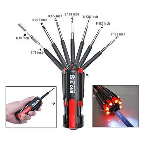 Foldable 8 in 1 Screwdriver Kit with 6 LED Light Torch (Red and Black)