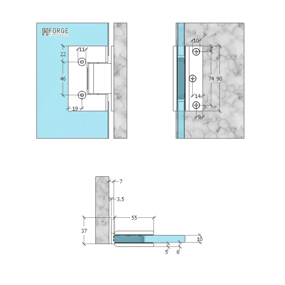 FORGE BLACK SHOWER HINGE GLASS TO WALL - L-SHAPE - 90 DEGREE - 10mm Glass - BRUSHED GUNMETAL