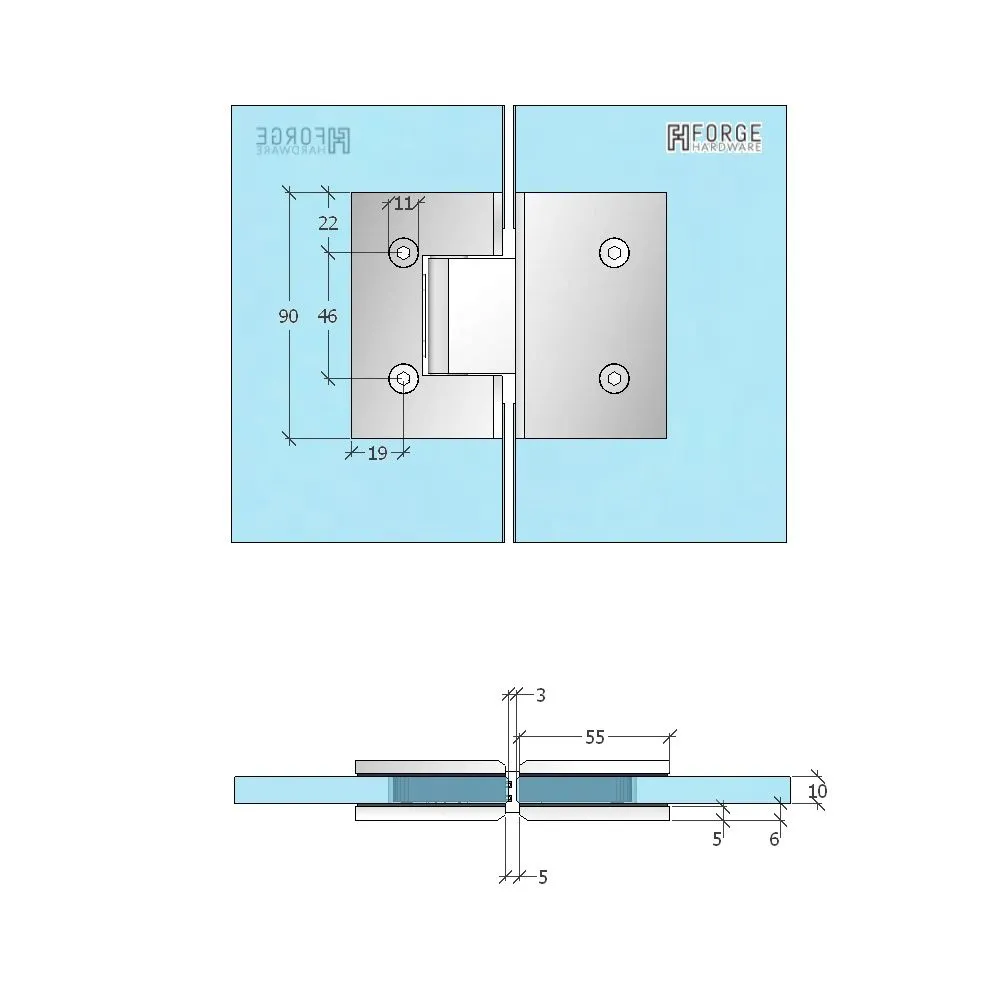 FORGE SHOWER HINGE GLASS TO GLASS 180 DEGREE  10mm glass - Brushed Brass