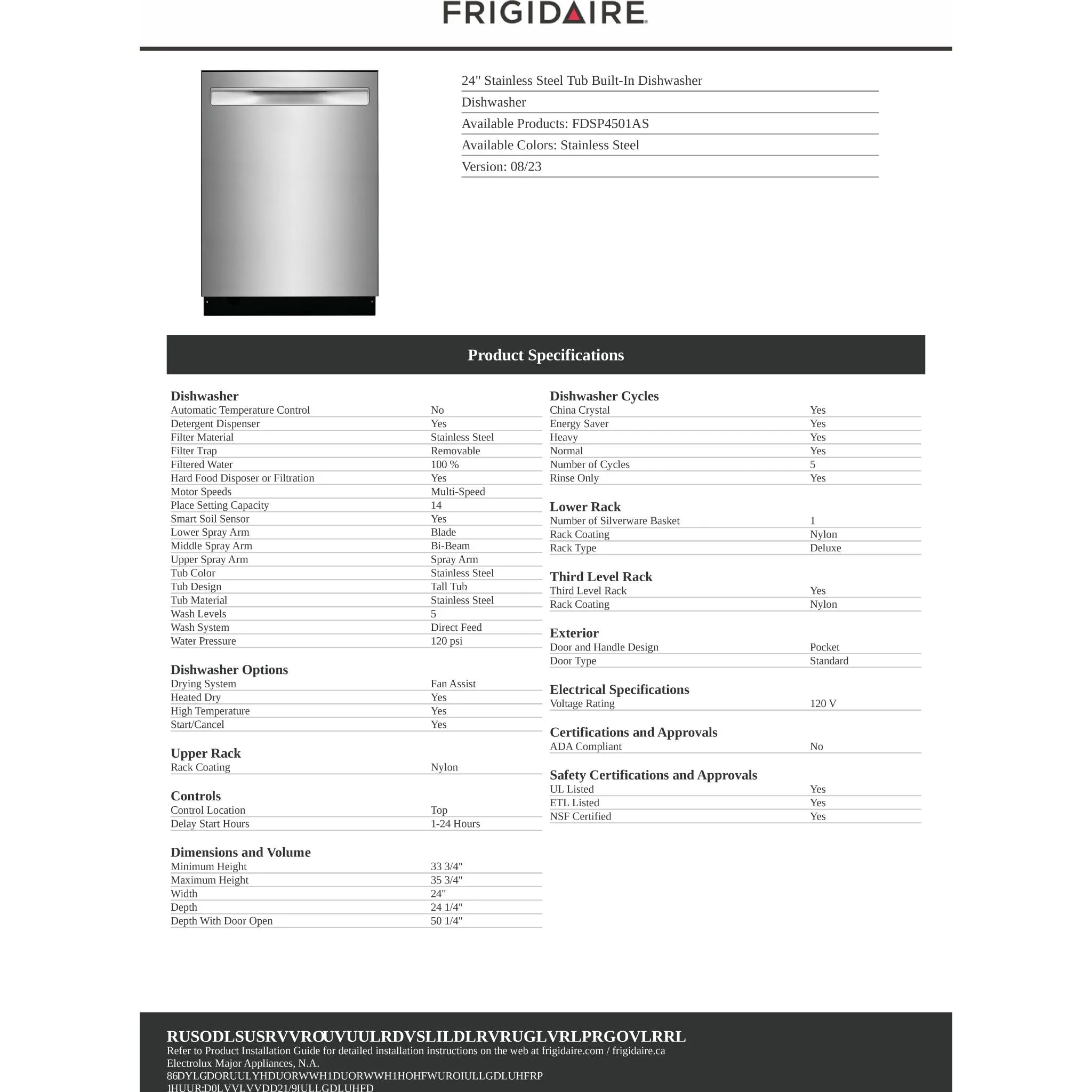 Frigidaire Dishwasher Stainless Steel (FDSP4501AS) - Stainless Steel