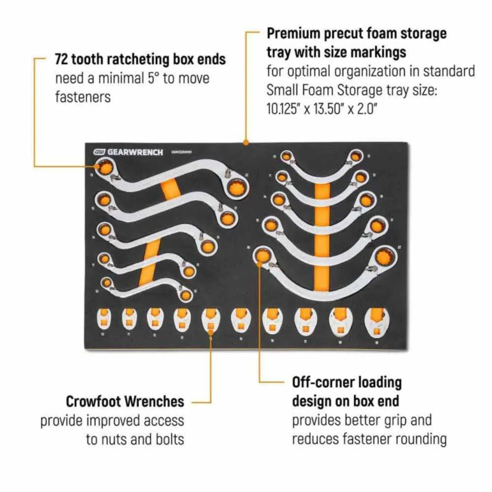 Gearwrench GWMSSRWMM 20 Piece Specialty Ratcheting Metric Wrench Set in Foam Storage Tray