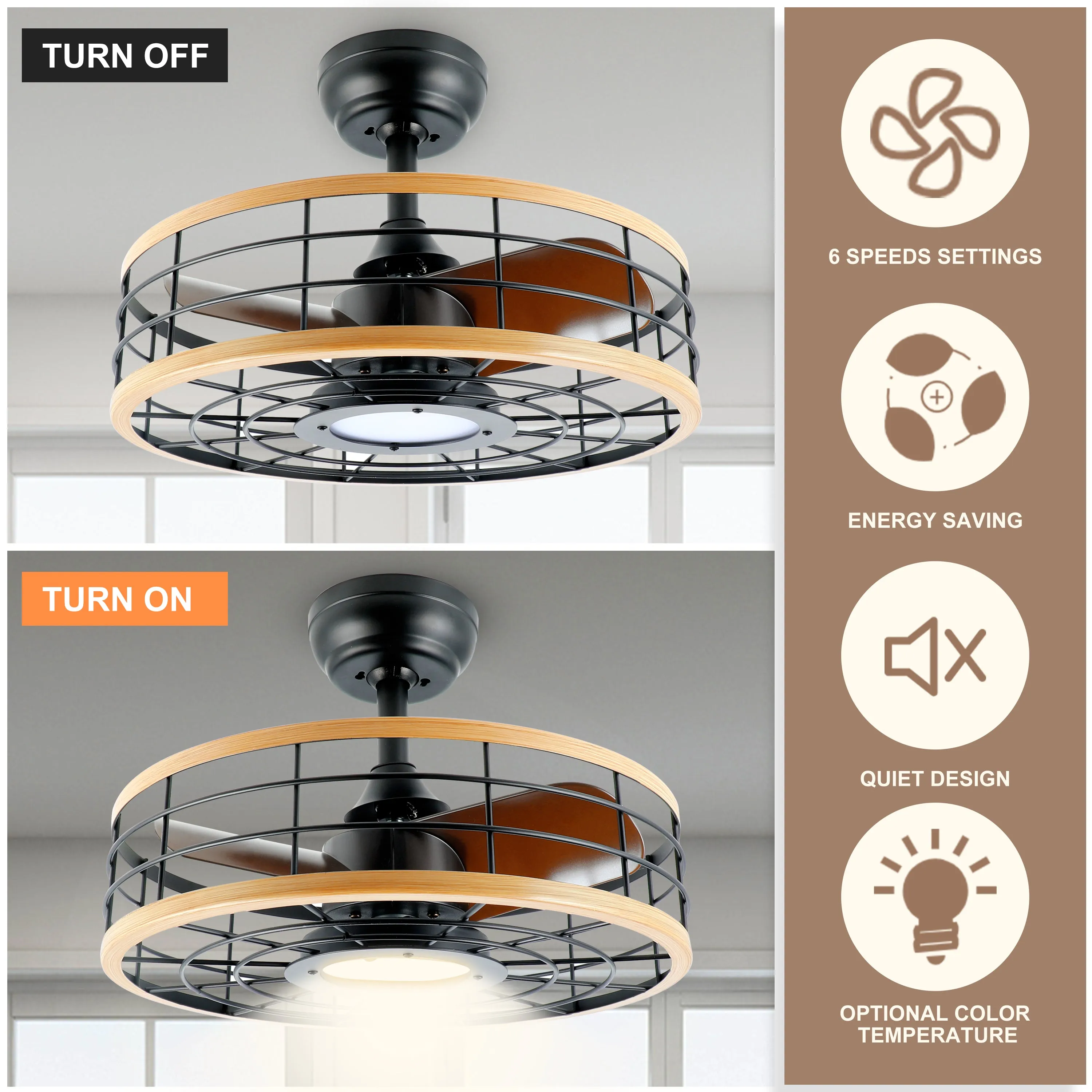 InfiniPower 16'' ceiling fans with lights and remote, Caged Ceiling Fan with Reversible Motor for Different Seasons, Quiet and Energy Saving, 6 level Speeds