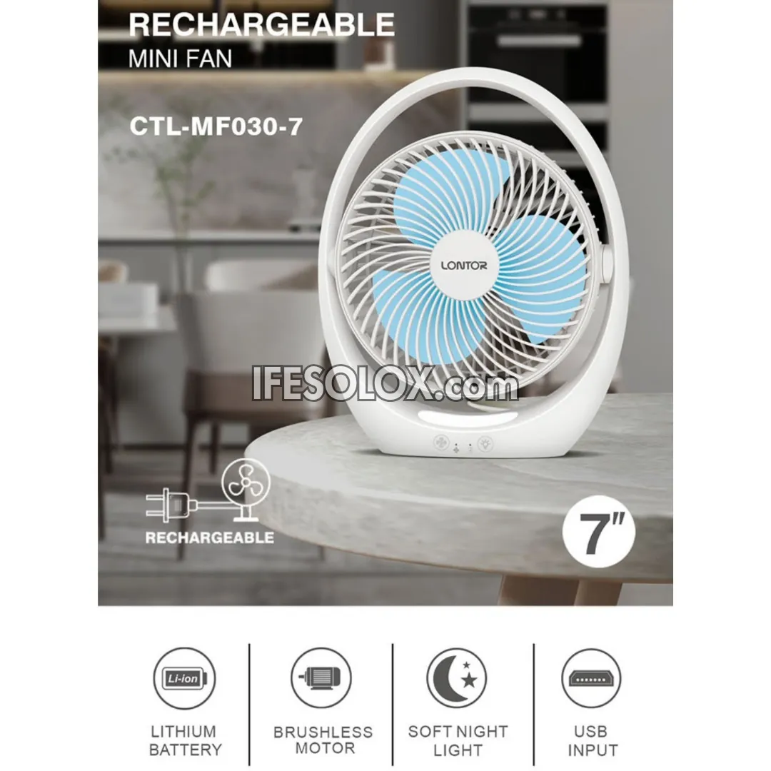 LONTOR 7" Rechargeable Mini Table Fan with 3-Blades and Harmonious Night Light (CTL-MF030-7) - Brand New