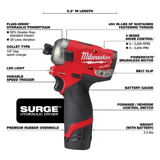 Milwaukee 2551-22 M12 FUEL™ SURGE™ 1/4" Hex Hydraulic Driver Kit