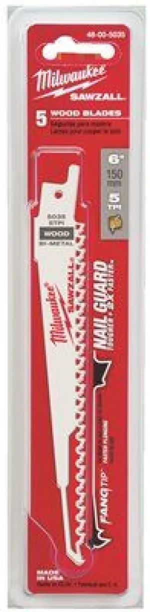 Milwaukee Sawzall Blade 6 Inch  Long With 1/2 Inch  Universal Shank 5 Tpi 50 Per Pack