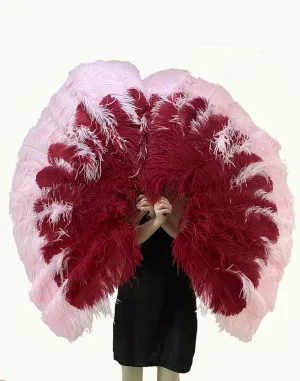 Mix burgundy & pink 3 Layers Feather fans with aluminum staves