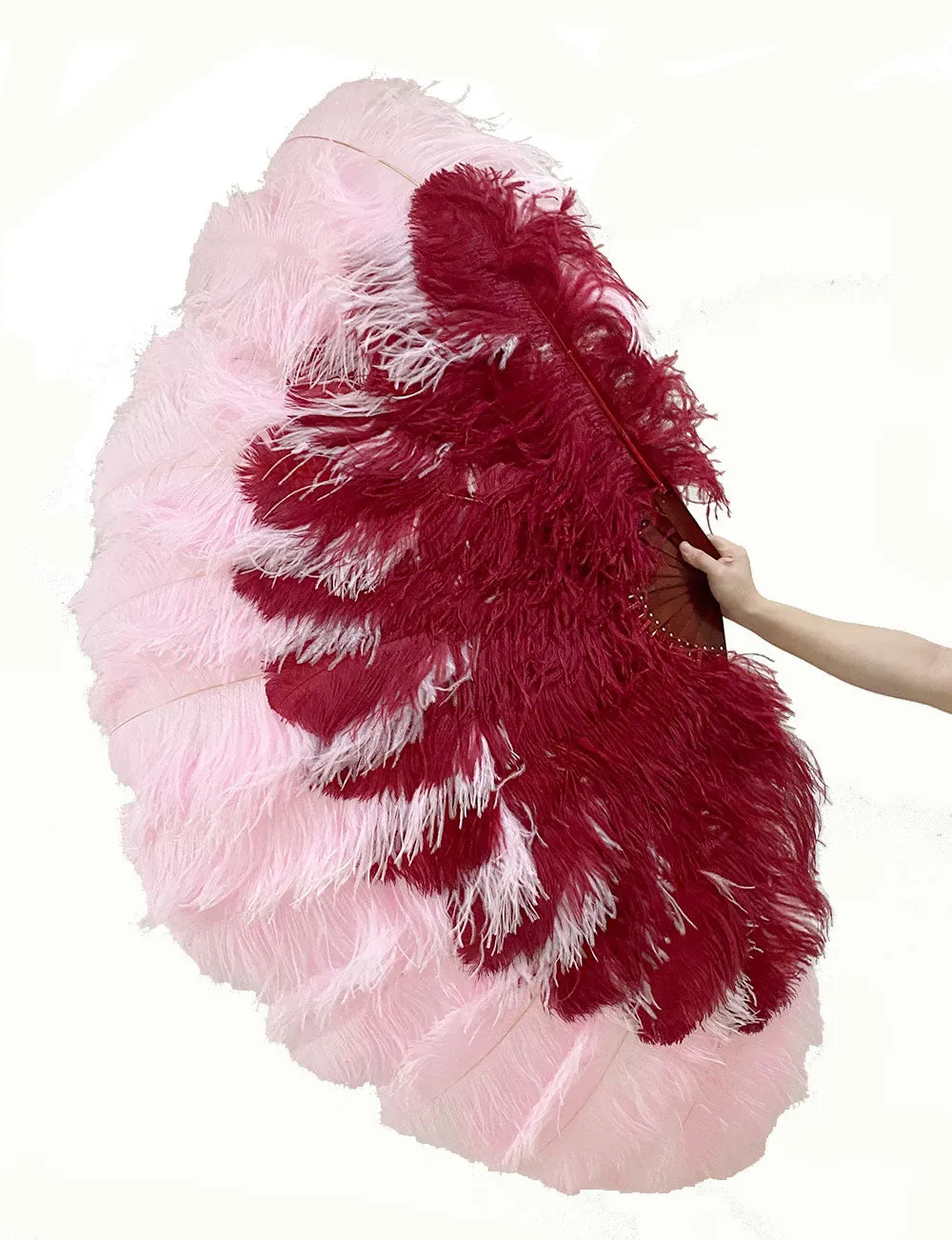 Mix burgundy & pink 3 Layers Feather fans with aluminum staves