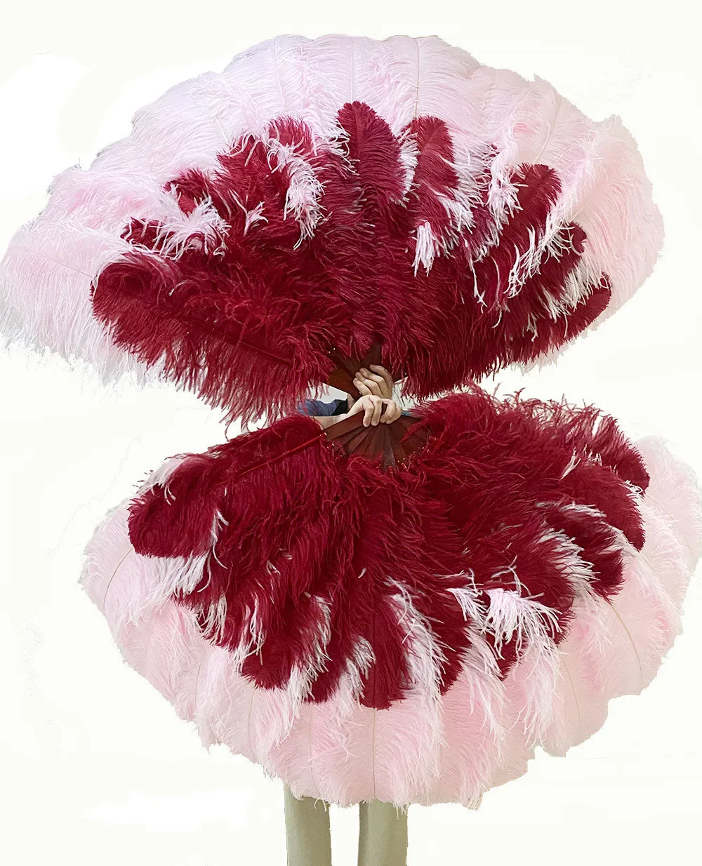 Mix burgundy & pink 3 Layers Feather fans with aluminum staves