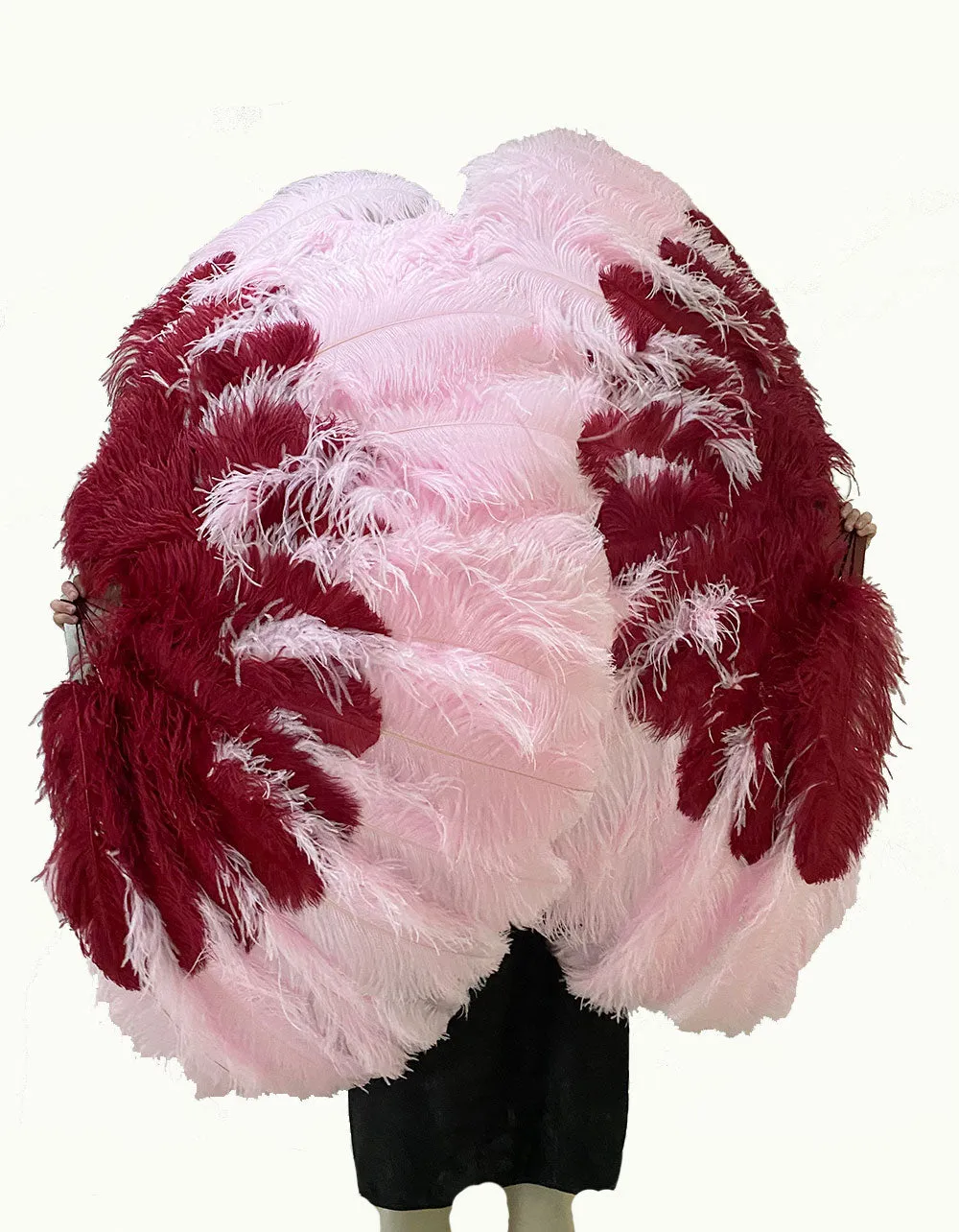 Mix burgundy & pink 3 Layers Feather fans with aluminum staves