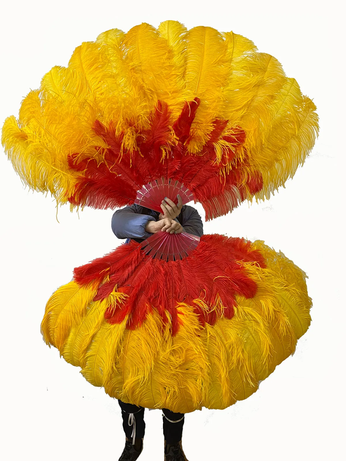 Mix red & Golden 2 Layers Ostrich Feather Fan 30''x 54'' with Travel leather Bag