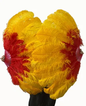 Mix red & Golden 2 Layers Ostrich Feather Fan 30''x 54'' with Travel leather Bag