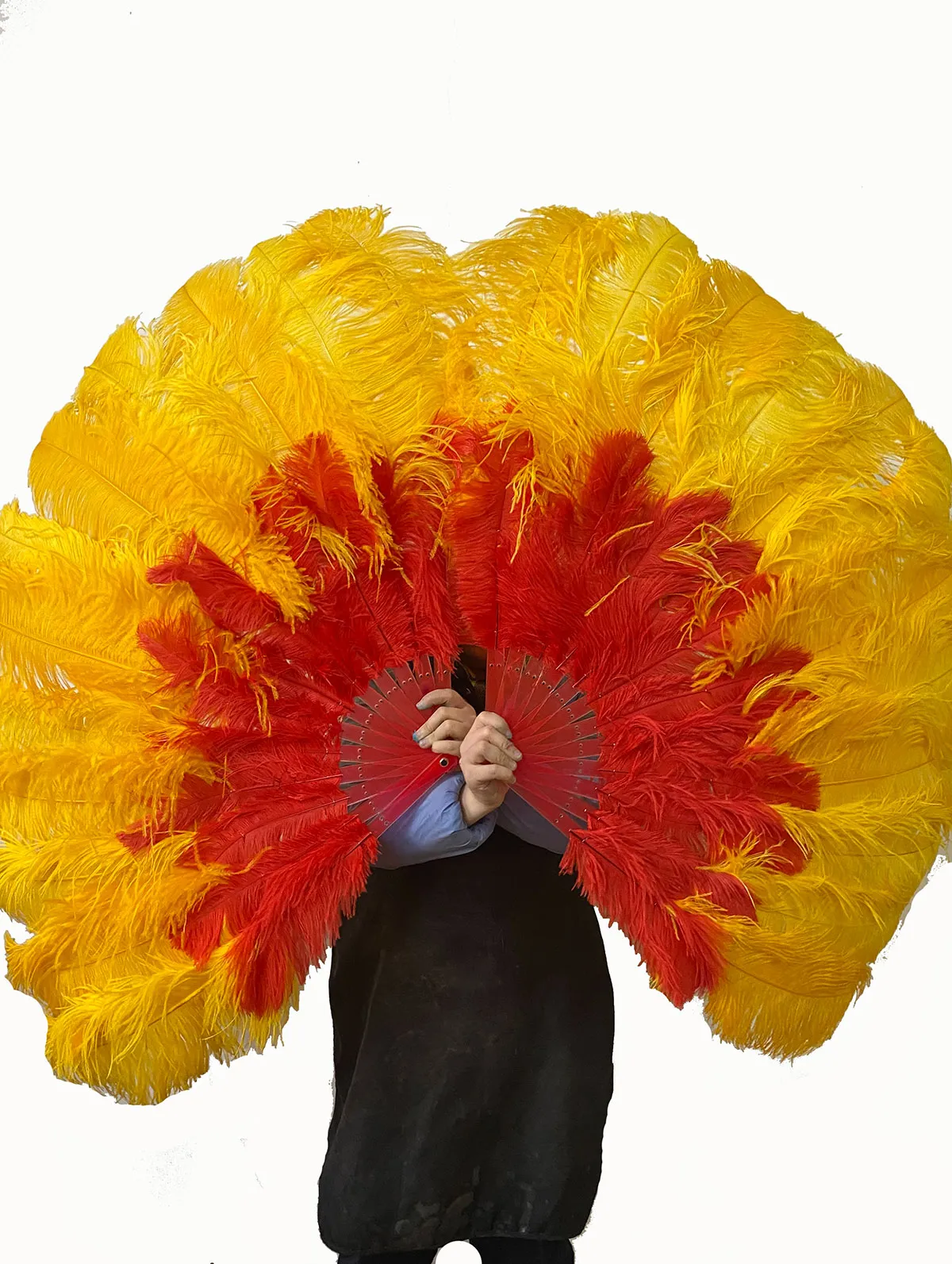 Mix red & Golden 2 Layers Ostrich Feather Fan 30''x 54'' with Travel leather Bag