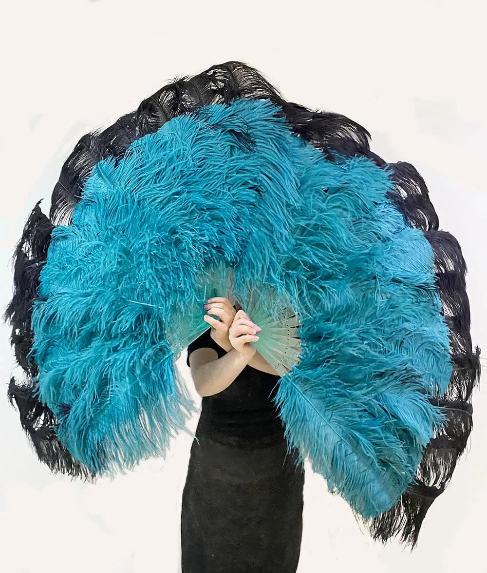 Mix teal & black XL 2 Layer Ostrich Feather Fan 34''x 60'' with Travel leather Bag