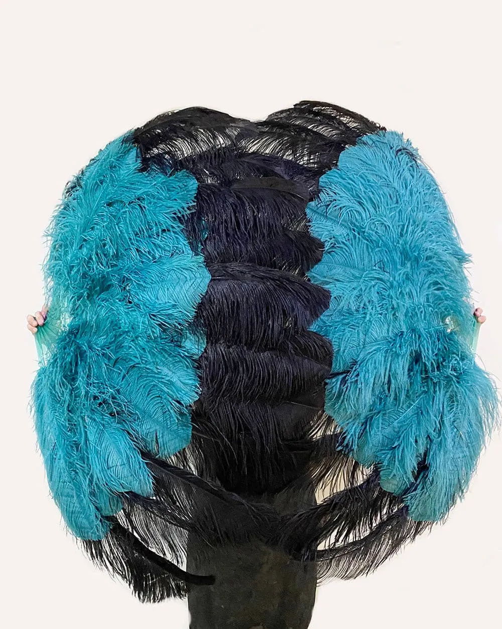 Mix teal & black XL 2 Layer Ostrich Feather Fan 34''x 60'' with Travel leather Bag