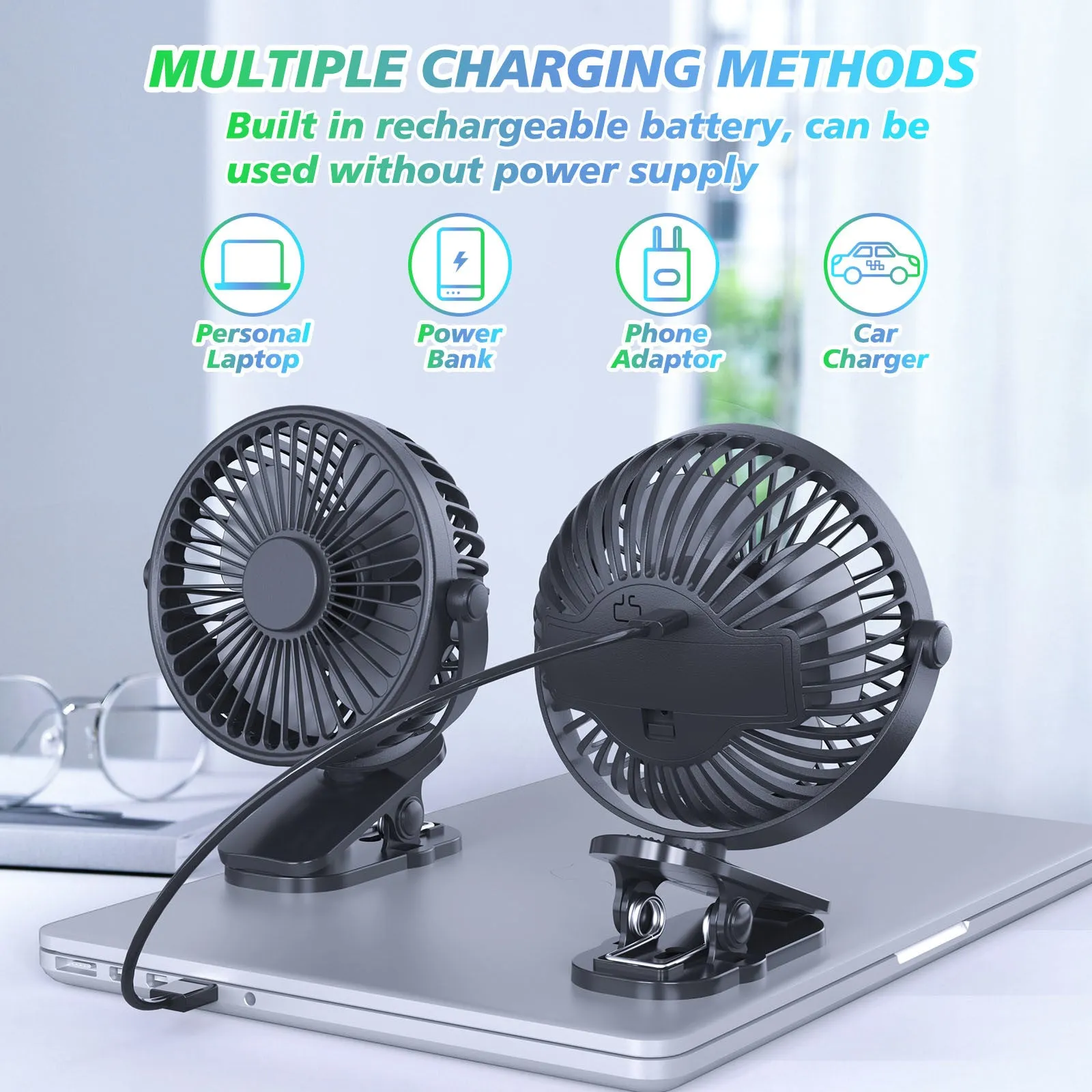 Portable Clip on Fan Battery Operated, Small Powerful USB Desk Fan, 3 Speed Quiet Rechargeable Mini Table Fan, 360° Rotate Cooling Fan for Home Office Travel Outdoor/Indoor Treadmill